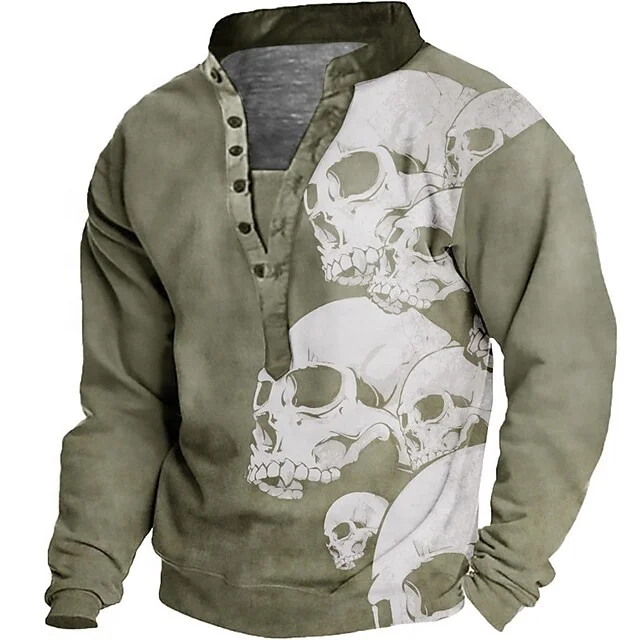 Wholesale Skull Graphic Prints V Neck Henley Sweatshirt Plus Size Button Up Jerseys Gym Fitness Durable Sport Sweater For Men