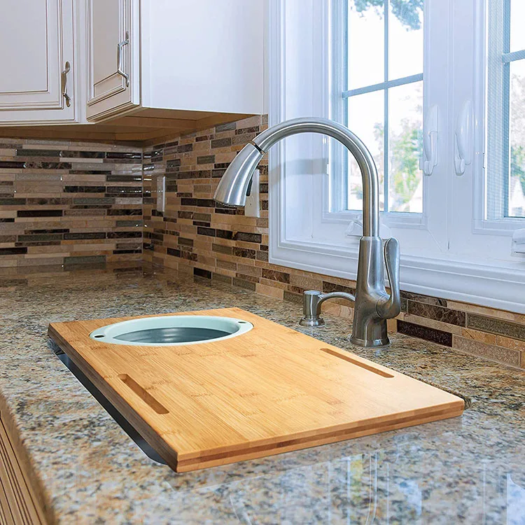 Custom new types multi-function 2 in 1 kitchen elegant bamboo over the sink cutting board with collapsible strainer