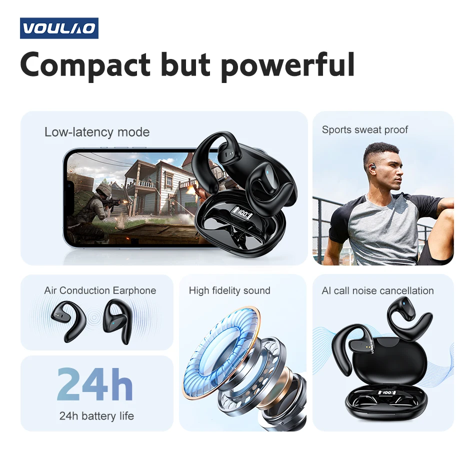 VOULAO Brand VL9 Outdoor Sport Earhook Headset Bluetooth Painless Air Conduction Headphone LED Digital Display TWS Phone Headset
