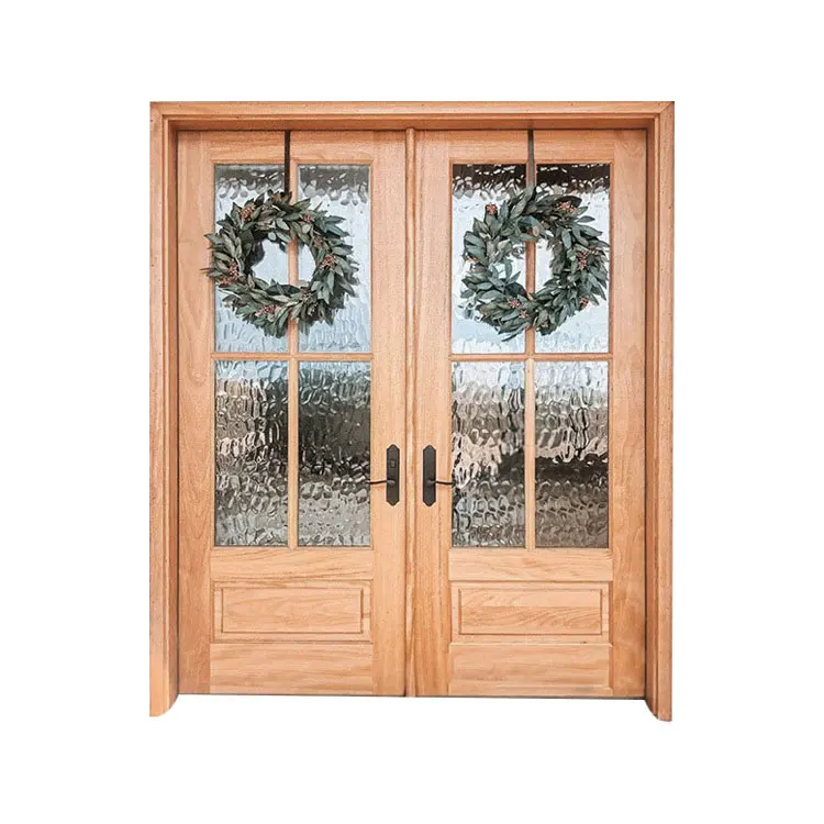 Exterior door Modern wooden double panel swing type security front door bright European style double glass door