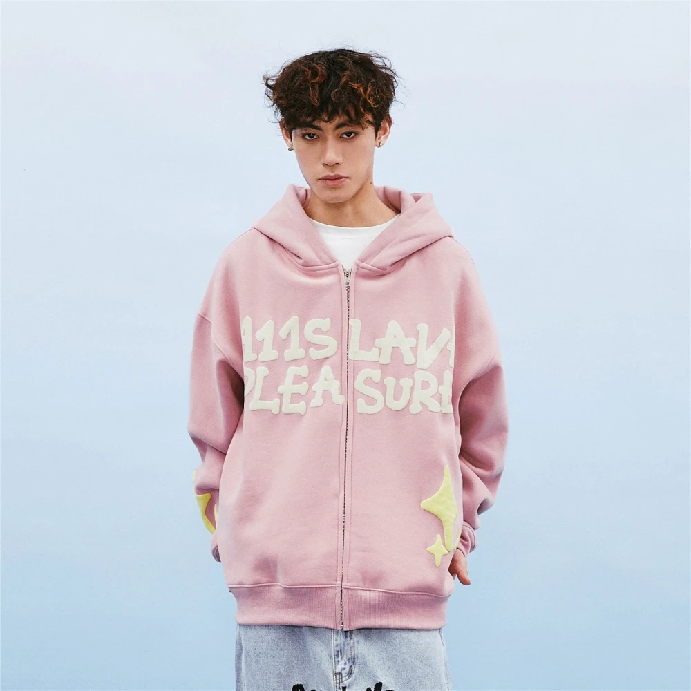 Wholesale customized oversized puff print hoodie custom logo french terry mens full zip up puff printing hoodie