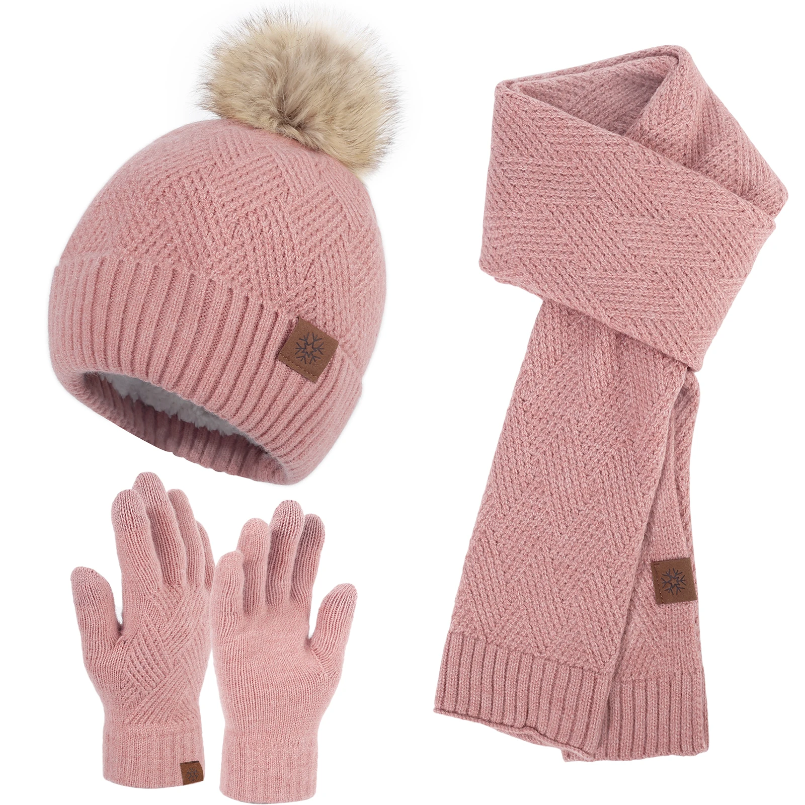 Wholesale unisex adult and kid winter knitted hat set custom label pom pom beanie hat scarf and gloves set