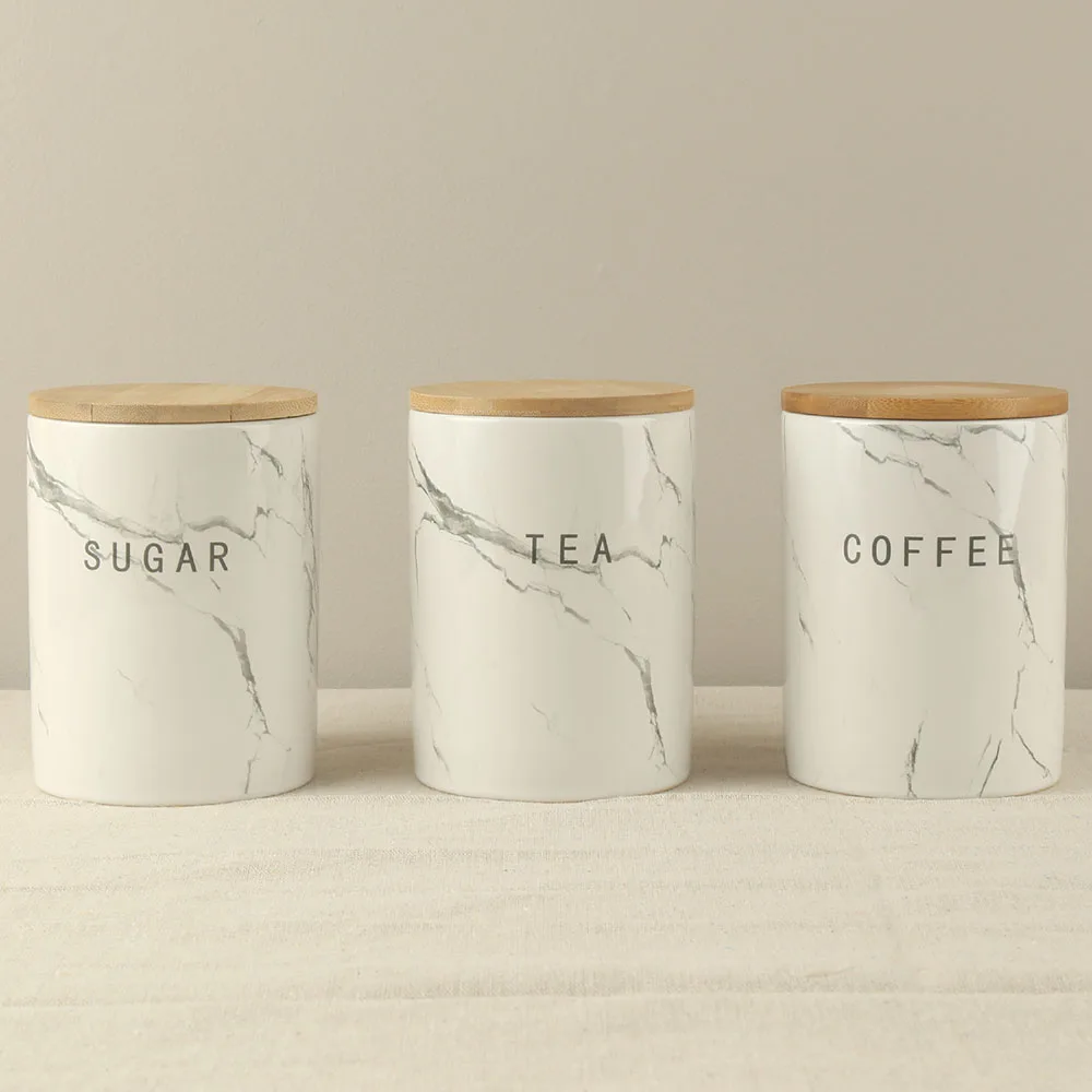 700ml gray marble decal custom design ceramic coffee tea sugar canister jar with bamboo lid and silicone ring set