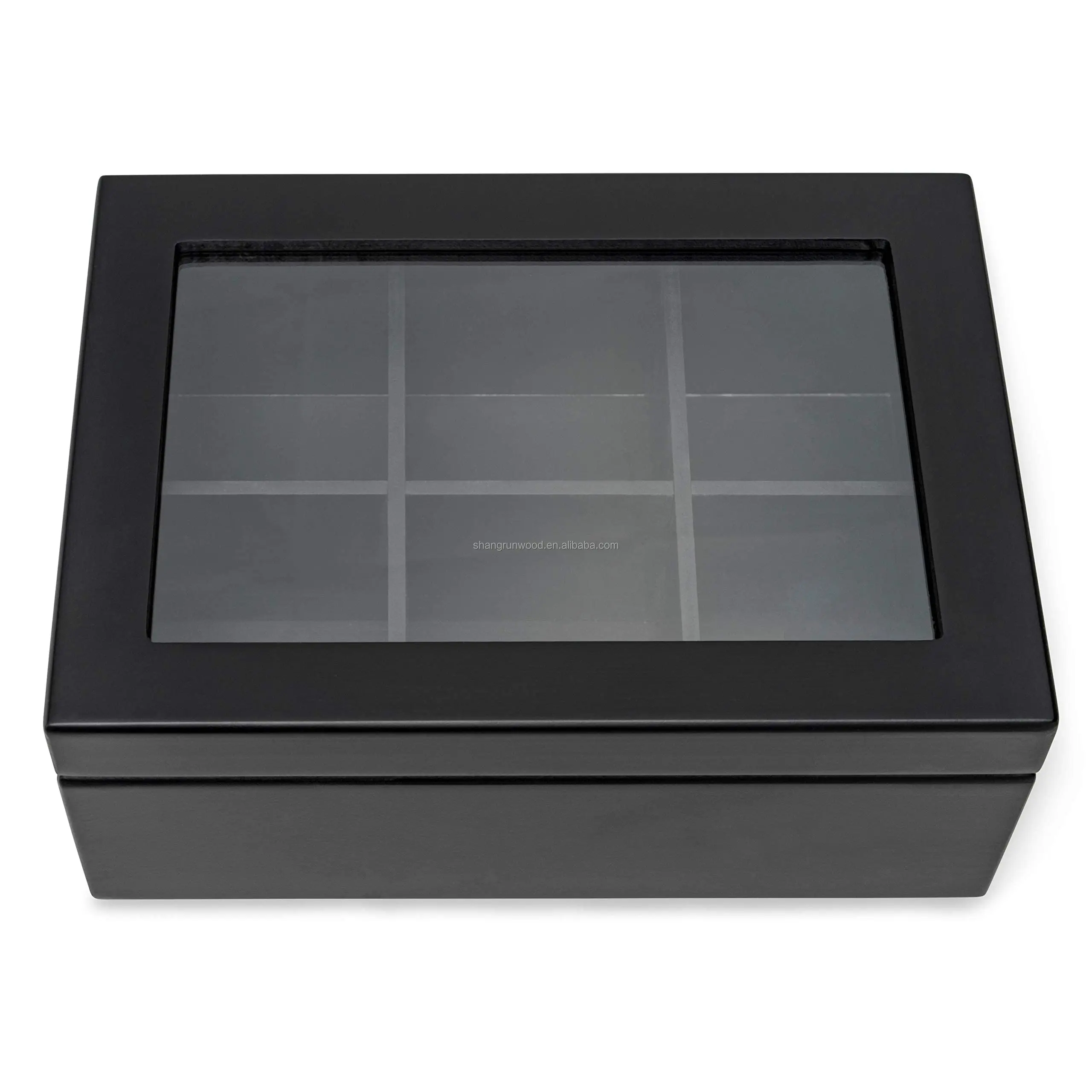Luxury Clear Top Window Wood Tea Box Wooden Tea Storage Organizer With 6 Compartments For Tea Bags