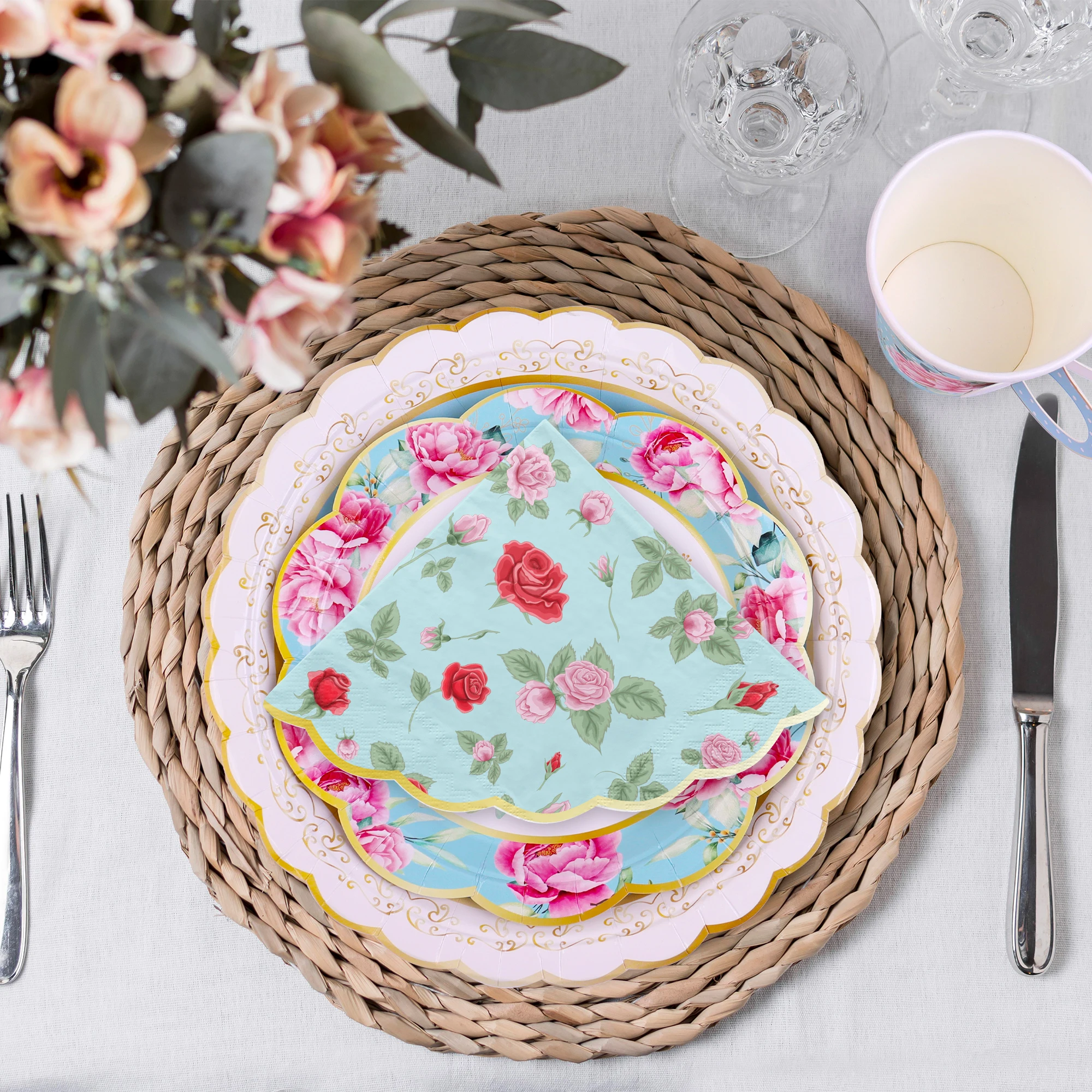 Pafu New Arrival  Party Supplies Serve 16 Kids Birthday Tableware Set  Spring Flowers Tea Party  Paper Plates, Cups, Napkins