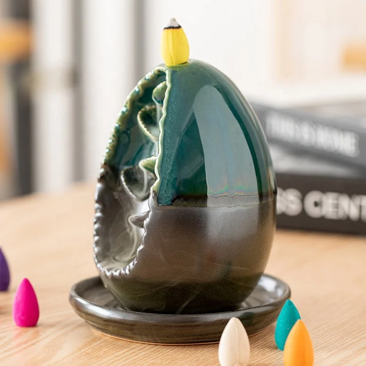 Waterfall Incense Burner Backflow Ceramic Inscents Cone Stick Holder with 10 Cool Back Flow Cones Incent Set