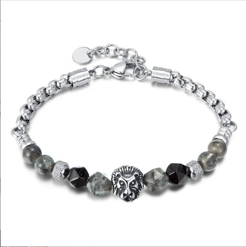 factory stainless steel vintage lion head beads bracelet fashion natural stone beads bracelet hip-hop design for men and women