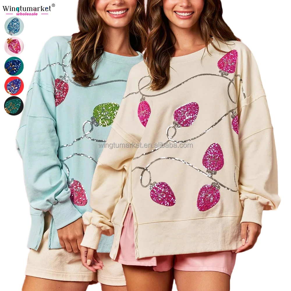 Wholesale oversized sweatshirts custom comfort colors top multicolor lights embroider Christmas sequin crewneck sweatshirt women