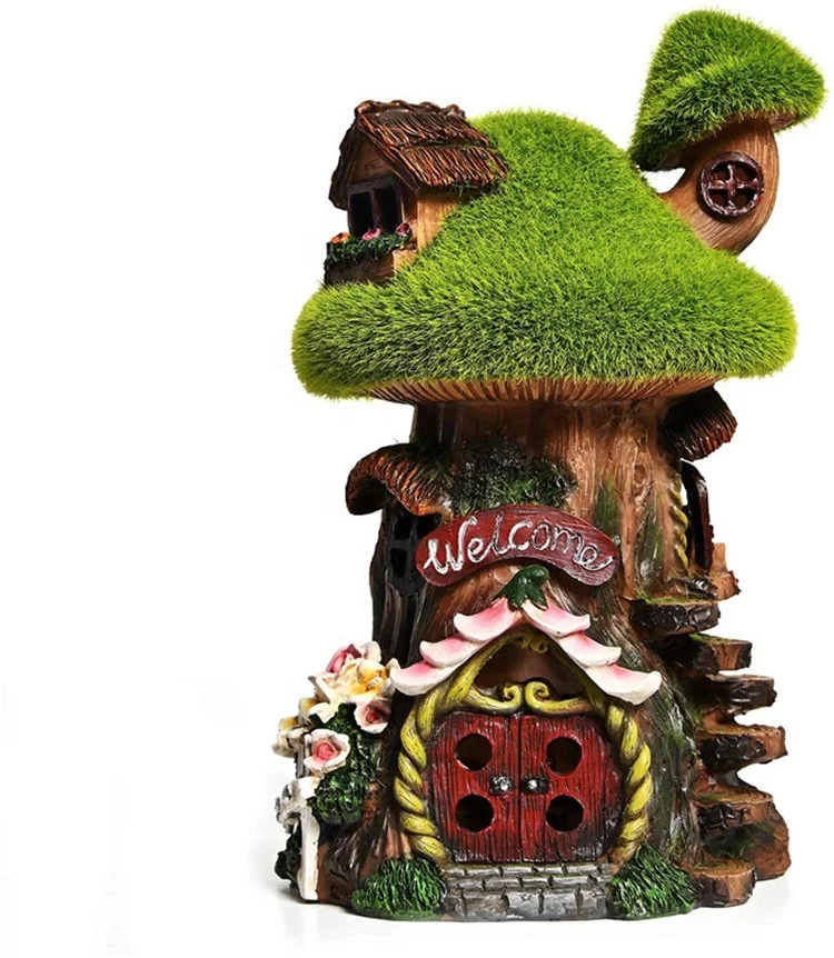 Flocked Mushroom Roof Fairy Tree House with Solar Lights, Funny Garden Resin Statues and Sculptures, Exquisite Garden Cottage