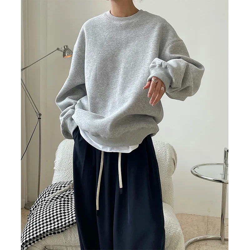 Autumn and winter new South Korea chic lazy simple plus fleece wool pullover hoodie design sense of loose top female thick