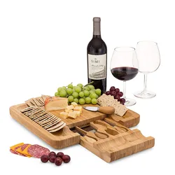 High Quality Round Thickened 9 inches Slide Out Drawer Personalized Small Cheese Board with 4 Knives Included
