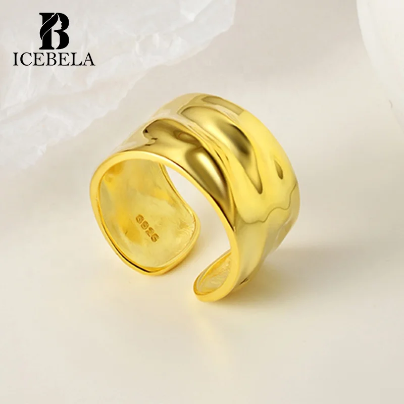 ICEBELA genuine 925 sterling silver 18k gold plated jewelry open adjustable chunky ring irregular concave convex ring