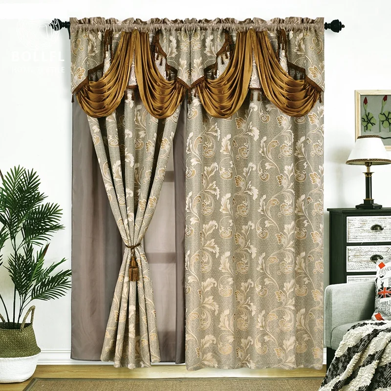 
Grey Fancy Jacquard Curtain with Attached Valance and Tassels Decoration on the Top for Living Room or Cafe 