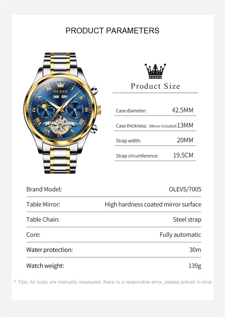 OLEVS 7005 classic dongguan men mechanical watch original Stainless steel band Waterproof automatic storage Casual watch design