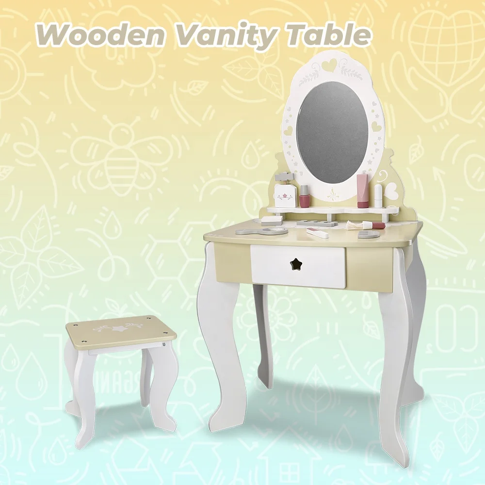 Детский деревянный туалетный столик с зеркалом и табуреткой