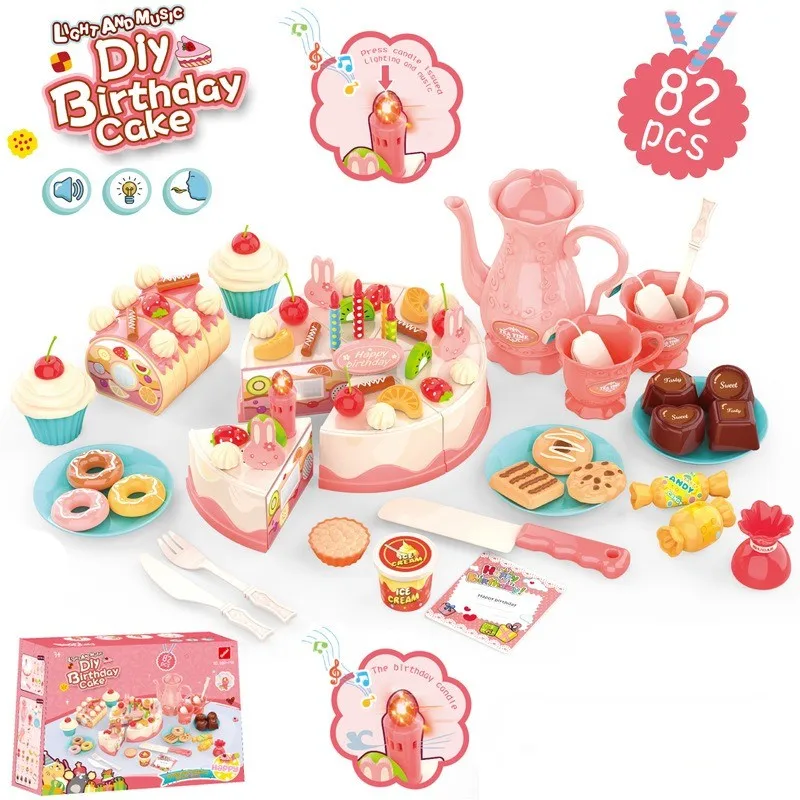 Hot Selling 82 Pcs Birthday Cake Toy Pretend Play Food Cutting Decorating Cake Role Play House Toy Tea Party With Music Light