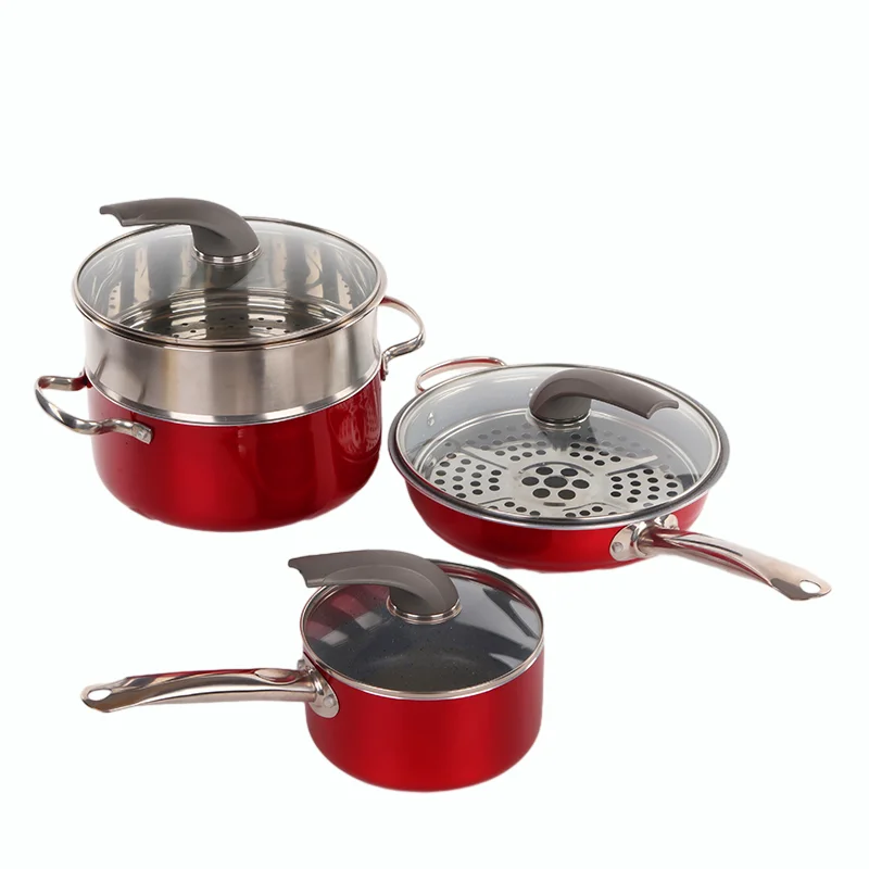 Nonstick Cookware Red Shiny Metal Aluminum Cooking Pots and Pan Sets with Erectable Knob and Stermers
