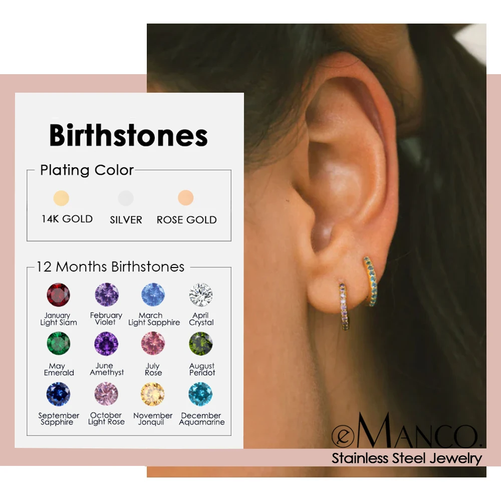 Hypoallergenic Stainless Steel 12 Colors Birthday Stone Gold Plated Pierced Classic Diamond  Hoop Earrings For Women