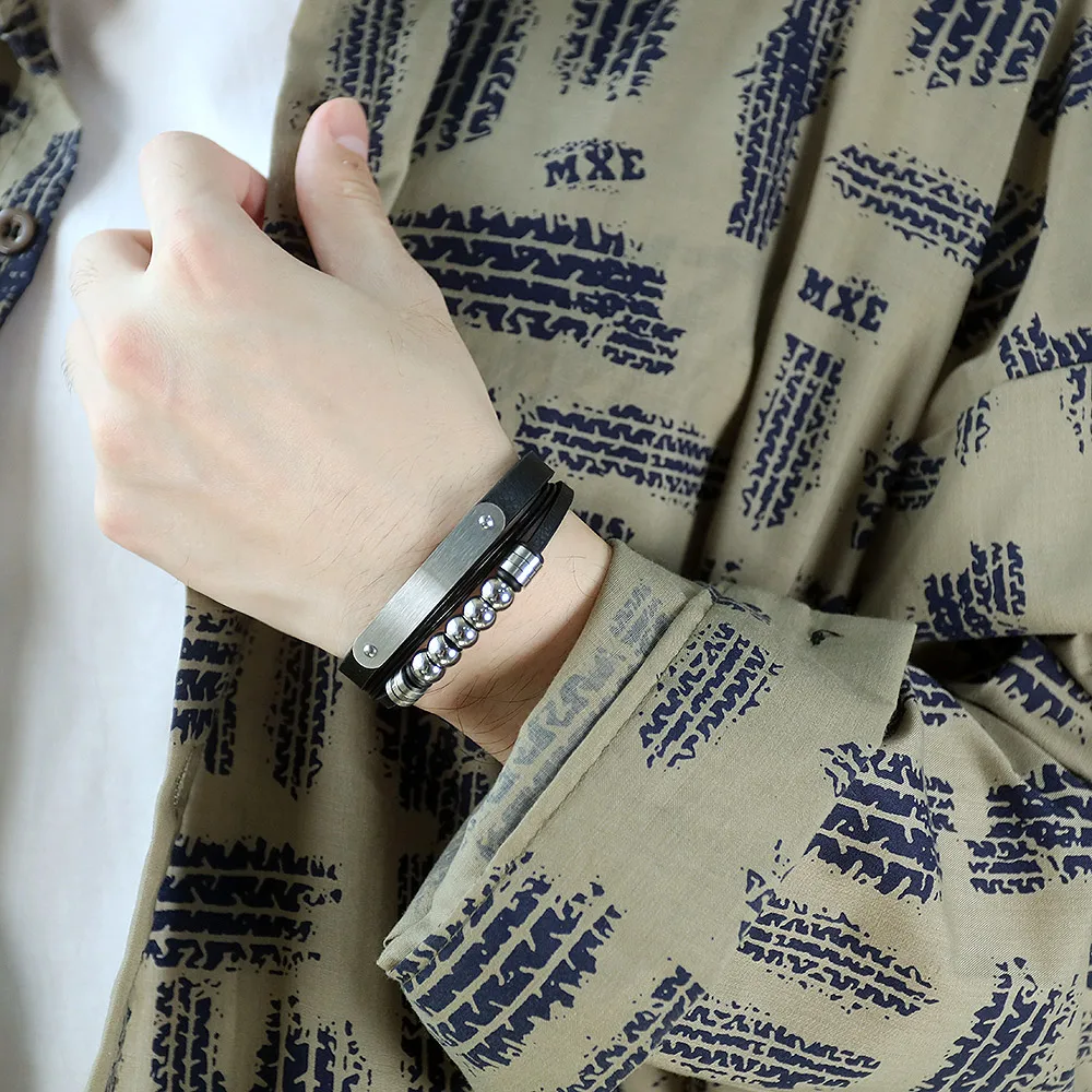 Adjustable Stainless Steel High Quality Mens Genuine Trending Boho Leather magnetic Bracelet