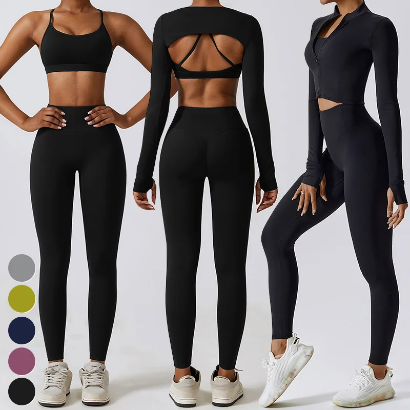 High Quality Sportswear 3 Piece Suit Quick Dry Breathable Women Clothing Gym Fitness Sets Sports Bra Crop Top Leggings Yoga Set