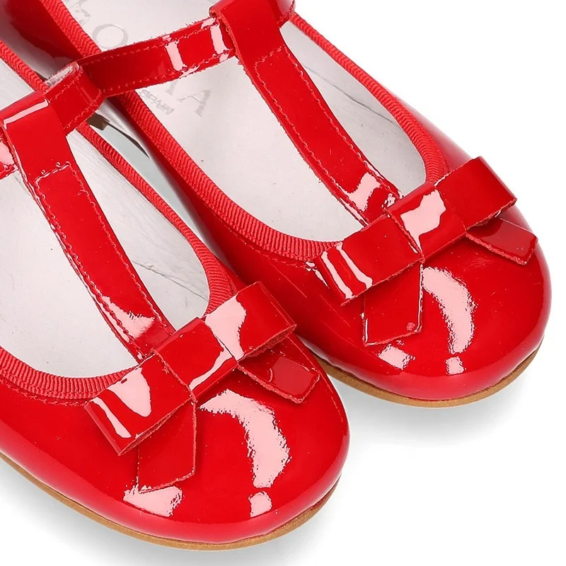 New Model T- strap Red Patent Leather Design Spanish Girl Shoes Toddler Girl Shoes with Ribbon