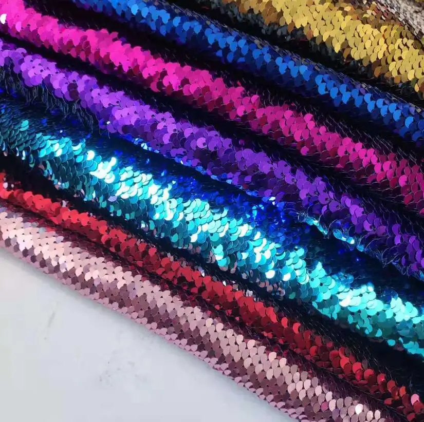  LOW MOQ 100% Polyester Fabric Embroidered Satin Double side color sequins spangle fabric for wedding