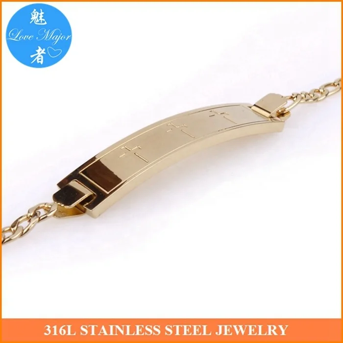 Stainless Steel Engravable Cross Identification Bracelet with Plate gold color