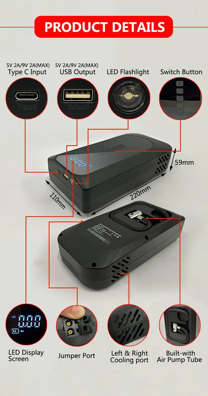 High power 4-in-1 6000mah power bank jump starter booster air pump with flashlight jumper cable