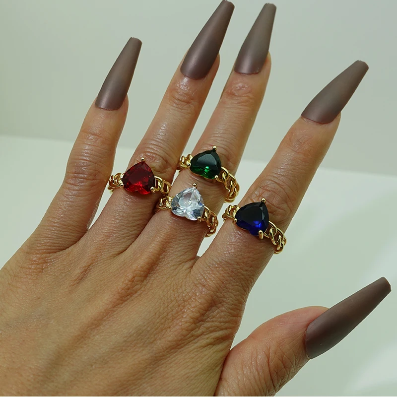 14k Gold Plated Heart Zircon Rings Twisted Rope Chain Rings Open Size Cuban Link Finger Rings