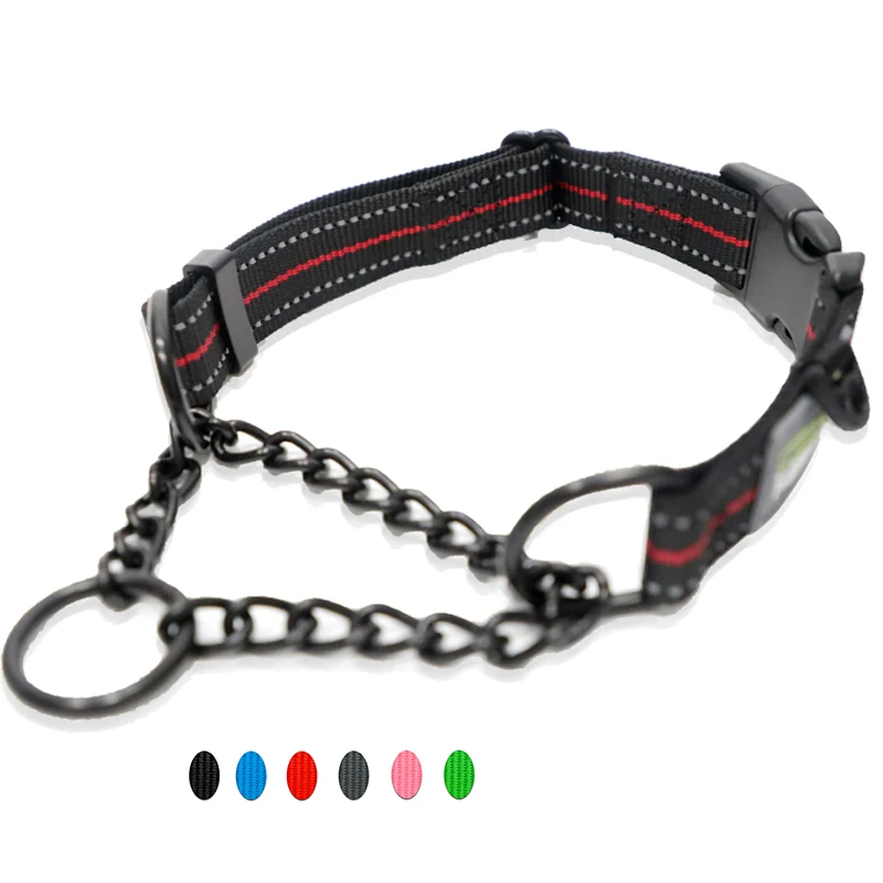 Pet Accessories 2024 Custom Nylon Reflective Dog Chain Collar Customize Logo Heavy Duty Stainless Steel Martingale Dog Collar