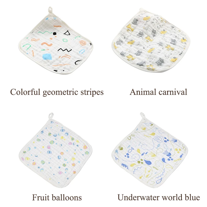 6-Layer Comfortable Cotton Gauze Baby Square Towel Cheap Stock Animal Floral Vintage Character Plant Hand Woven Hook Technique