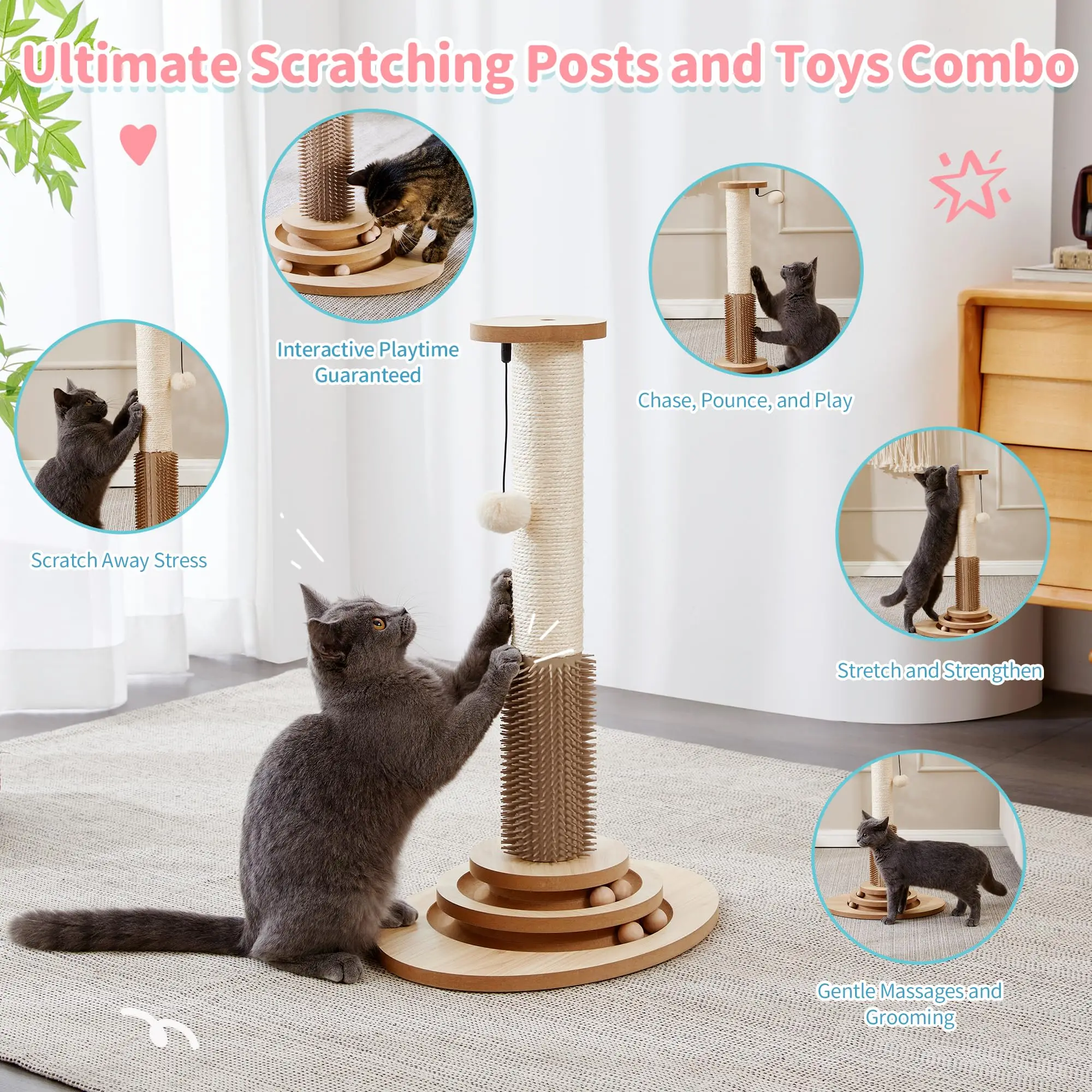 Sustainable Wood Cat Scratching Post with Trackball & Hair Brush Interactive Indoor Cat Self-Groomer & Toys