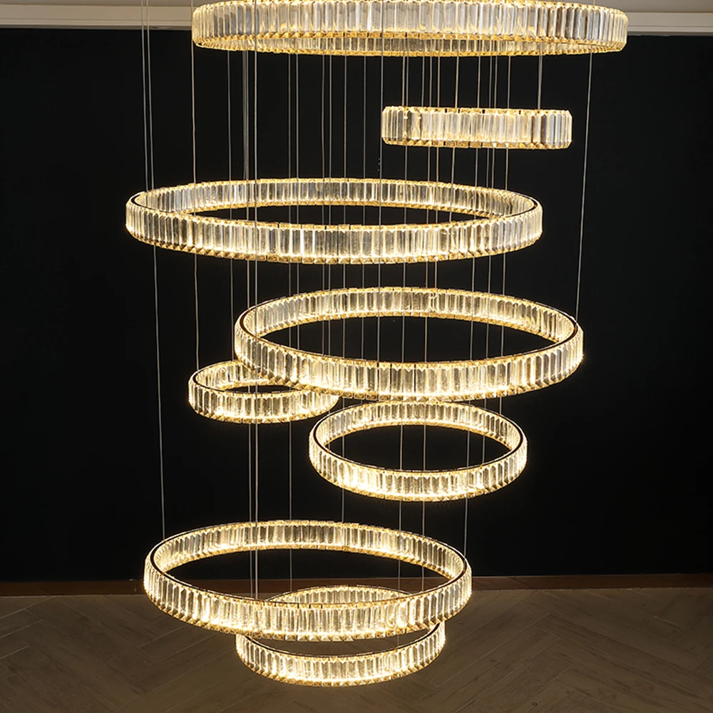 Kasanto Lighting K9 crystal modern large lobby crystal chandelier stairs lights ring circle led chandelier 6 lights rings