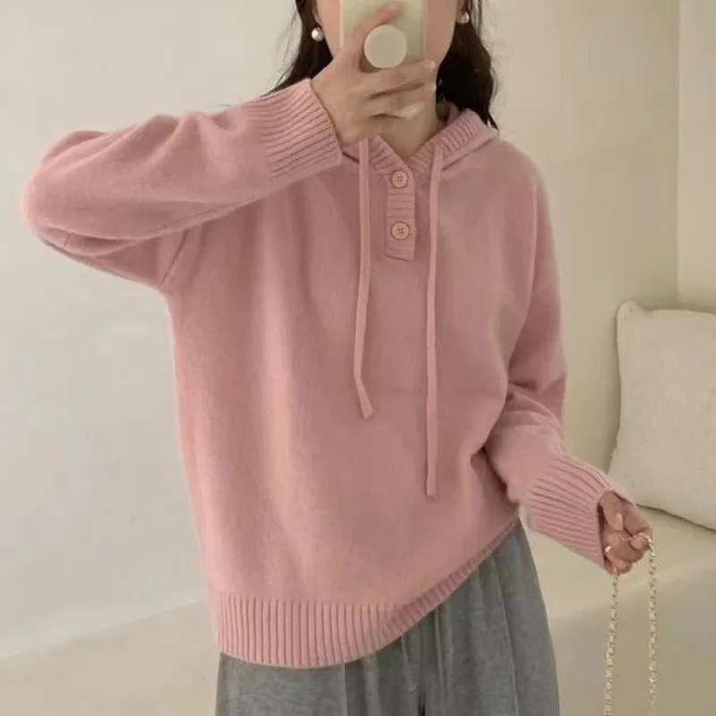 Женский вязаный свитер с капюшоном, 2024 зима