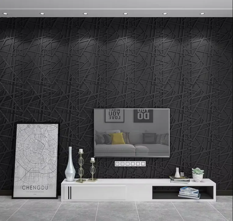 Matt Black Diamond Shape Modern 3D PVC Wall Panel/Sticker Interior Waterproof wallpaper for Living Room Bedroom