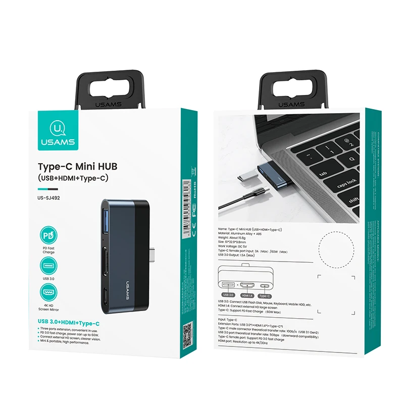 Usams Hot Sale US-SJ492 Type-C Mini HUB 3 In 1 USB+Type-C All One For PC Computer