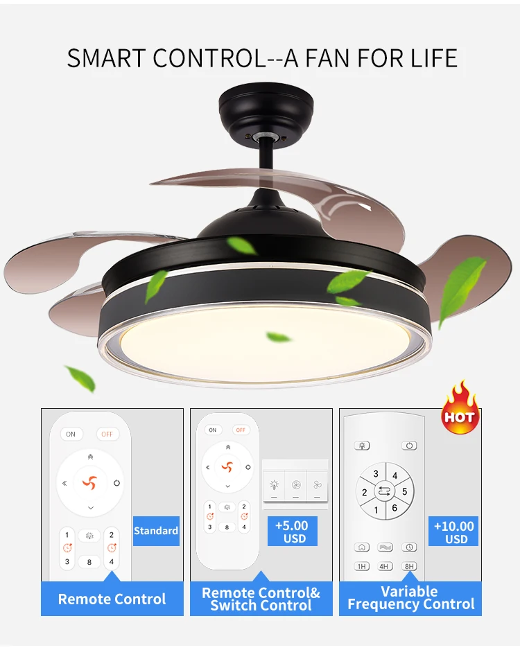 Modern retractable ABS blades chandelier LED ceiling fan light with remote control