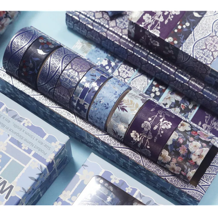 Bronzing flowers and paper tape set dark blue floral washi tape creative DIY hand account decorative stickers 8 rolls