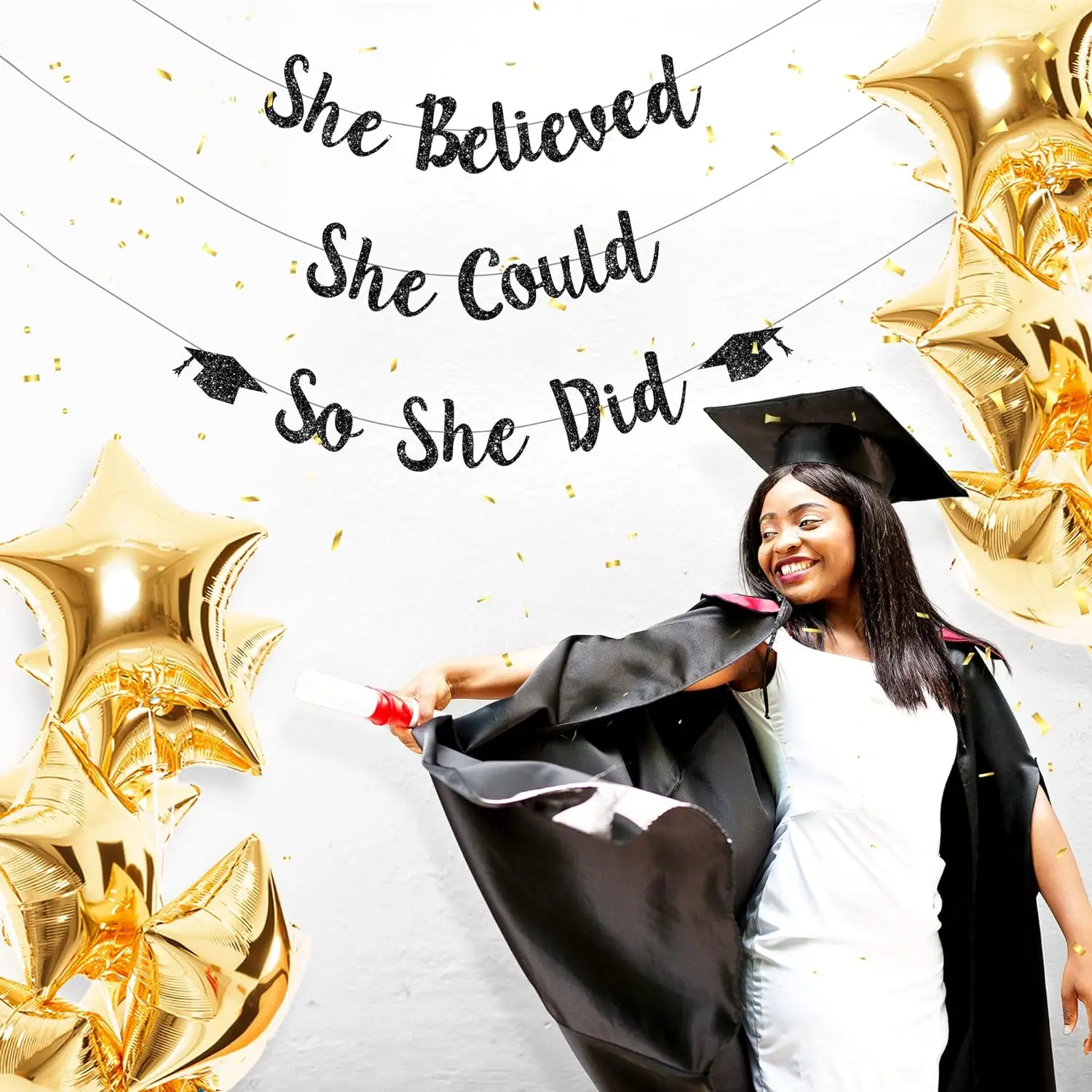2024 She Believed She Could So She Did Black Paper Banner Graduation Banner for Girls Boys Graduation Party Supplies