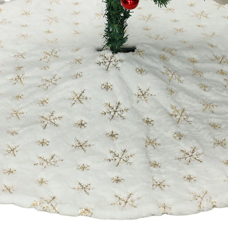 Christmas Tree Decor White Christmas Tree Skirt Faux Fur Plush Golden/Silver Snowflake Xmas Tree Mat Carpet New Year Party 2021
