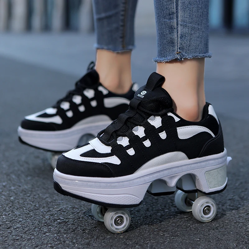 2024 new four-wheeled skate shoes for children and girls deformed men retractable shoes with rollers for girlsroller skates