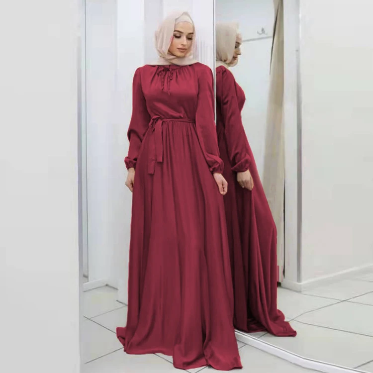 New Soft Waistband Elegant Satin Long Skirt Big Swing Muslim Dress For Women