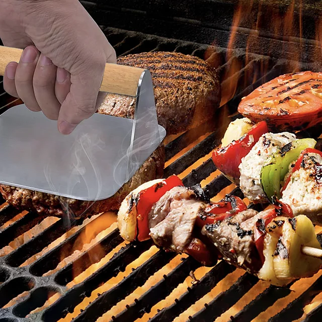 China Factory custom Kitchen Helper Stainless steel Square wooden handle hamburger meat press