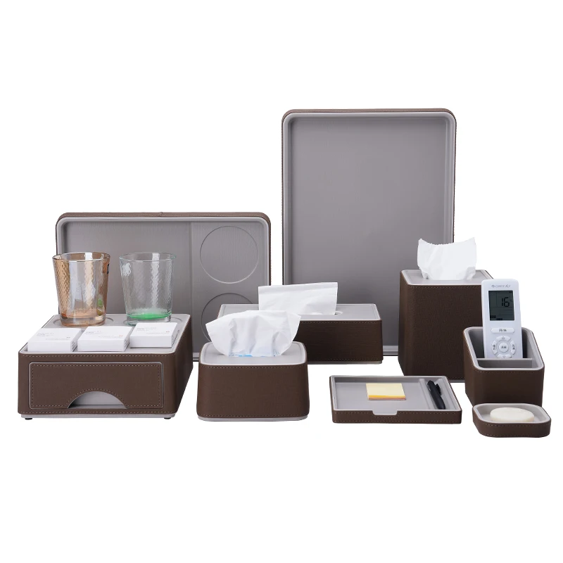 Taitang Wholesale Custom Hotel Bathroom Accessories Abs Leather Soap Dish Tissue Box Cup Holder Amenity Set For 5 Star Hotel