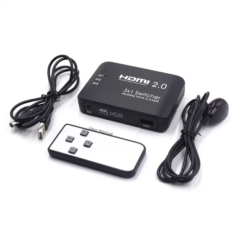 HDMI 2.0 Switcher 3 Port HDMI 3 In 1 Out with IR 4K/60Hz Support YUV4:4:4 HDR Switcher Splitter For Blu-ray Xbox DVD PS4 PS5