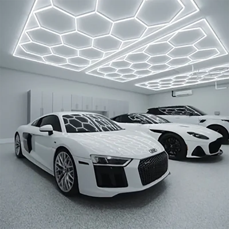 Car Detailing Led Garage Light Hexagonal Grid Systems Gym Lights For Garage Workshop With Aluminum Border Hex Light