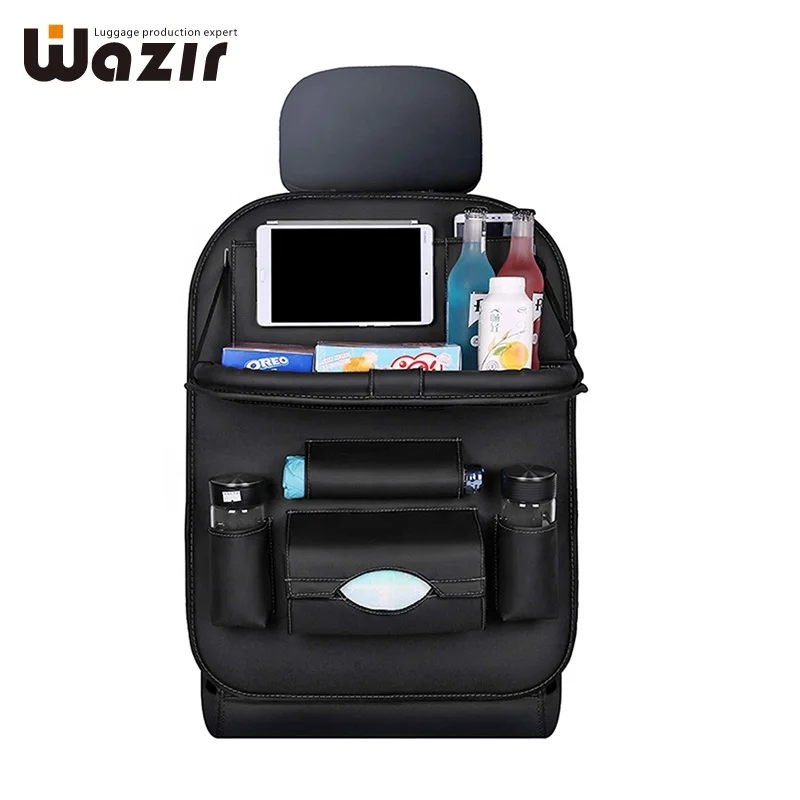 PU Leather car seat organizer with folding foldable table tray Tablet Phone bottle mug holder tissue storage bag