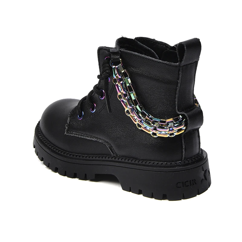 Embossed Kids Leather Non-slip Safety Shoes Rubber Sole Black Work Boots with Chain