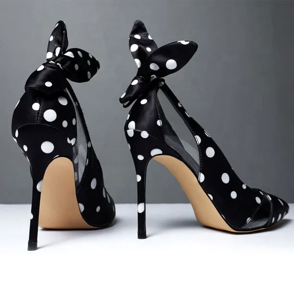 Hoslasen black satin silk polka dots 100mm heel pump shoes women comfortable women shoes