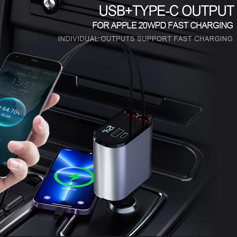120W 4 in 1 Car Charger Retractable USB Type C Cable Fast Charging Car cigarette lighter USB